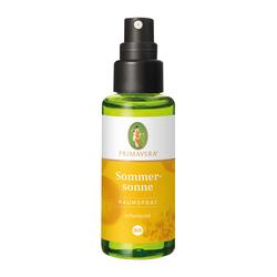 Grüne Sprühflasche mit gelbem Etikett "Sommersonne Raumspray".