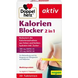 Verpackung von "Doppelherz Kalorien Blocker" mit Maßband und veganem Hinweis.